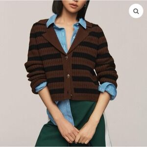 Anthropologie Maeve The Greta Polo Cardigan Sweater Brown Black Striped Small